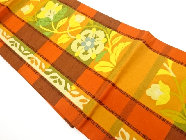 JAPANESE KIMONO / NAGOYA OBI / SILK / HAND WOVEN TSUMUGI / STRIPE & FLORAL ARABESQUE